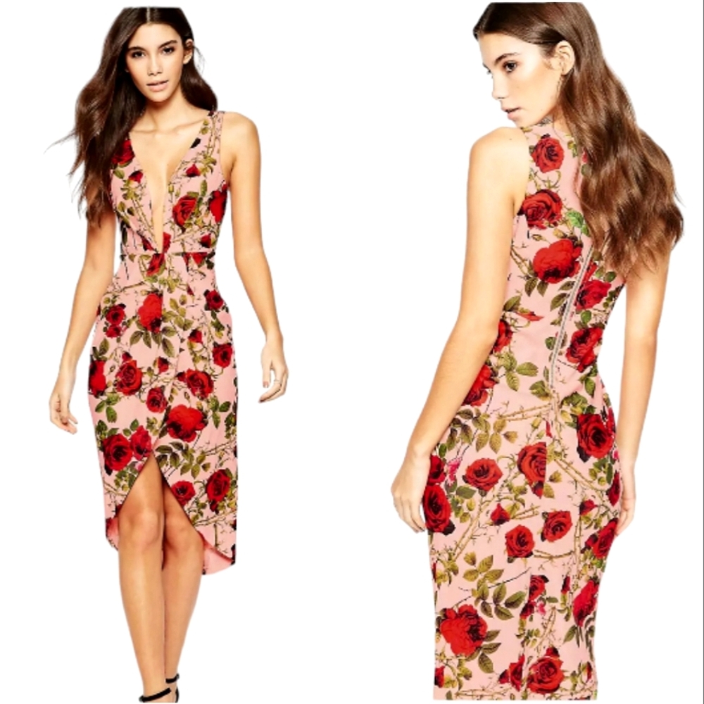 Nwot Ginger Fizz Sleeveless Plunging V Peach/Red Roses Asymmetrical Midi…